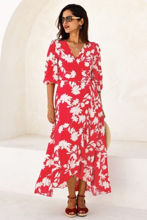 Ella EcoVero™ 3/4 Length Sleeve Wrap Dress | Red/Cream