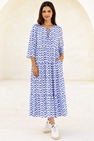 Emma EcoVero™ Midi Dress | Ikat Blue/White