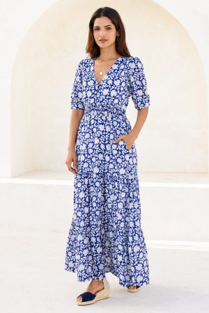 Billie Short Sleeve Organic Cotton Dress | Blue/White