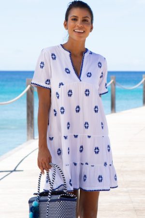 India Embroidered Organic Cotton Dress | White/Blue